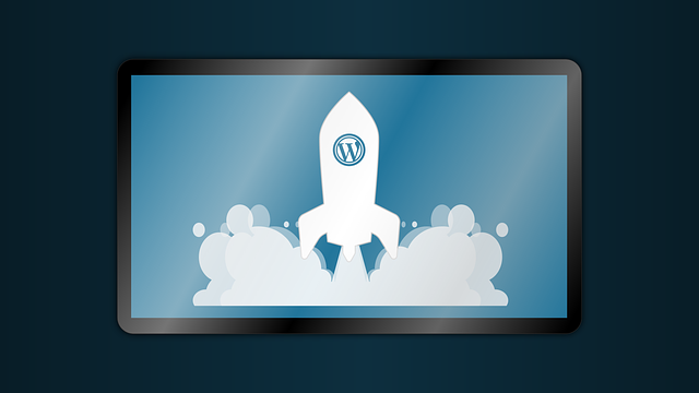 WordPress logo on a rocket with smoke