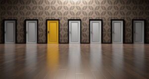 six white doors one yellow door representing best choice