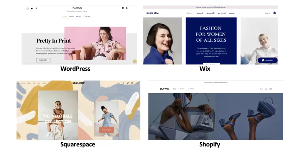 fashion themes on different CMS (WordPress, Wix, Squarespace, Shopify)